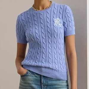 NWT Lauren Ralph Lauren Women's Cable-Knit Short-Sleeve Embroidered Sweater M